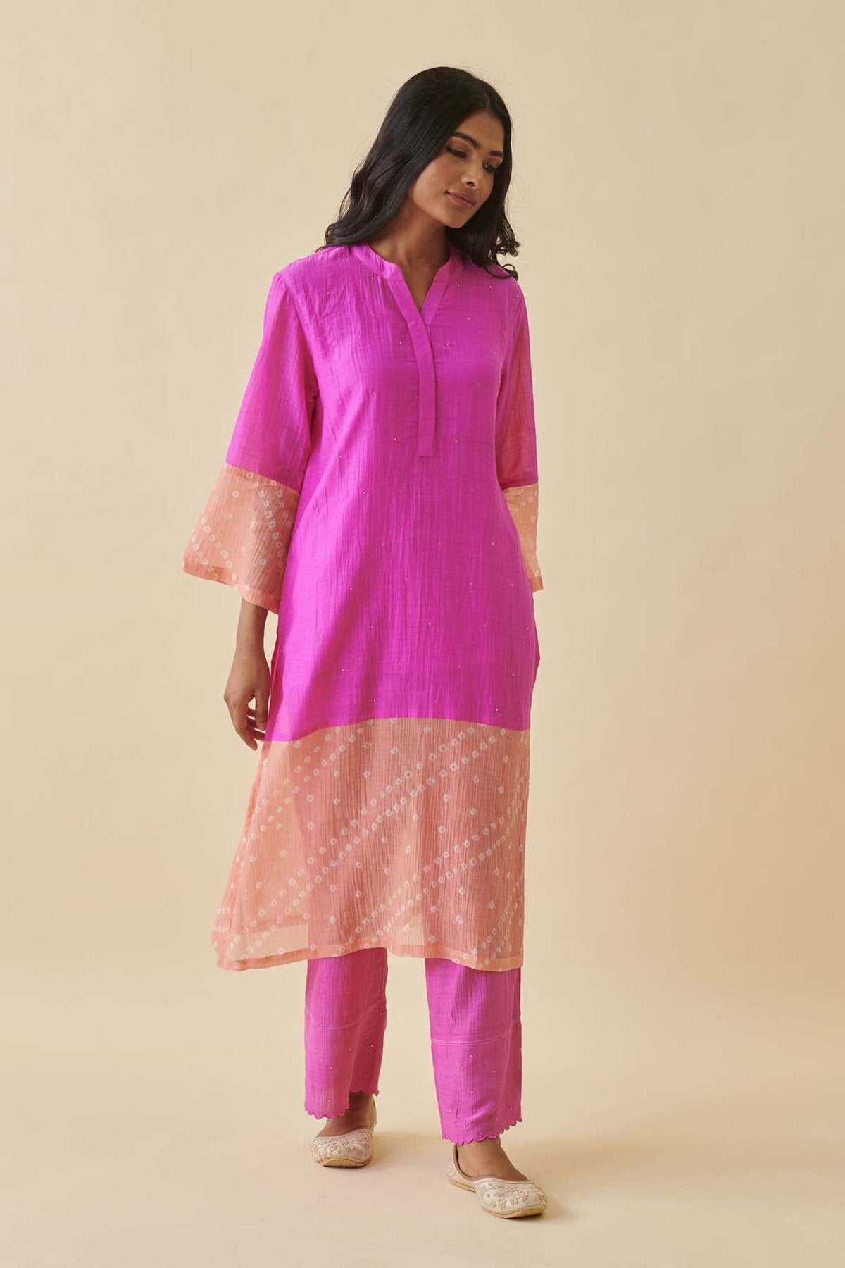 Pink Bandhani Color Block Suit Set