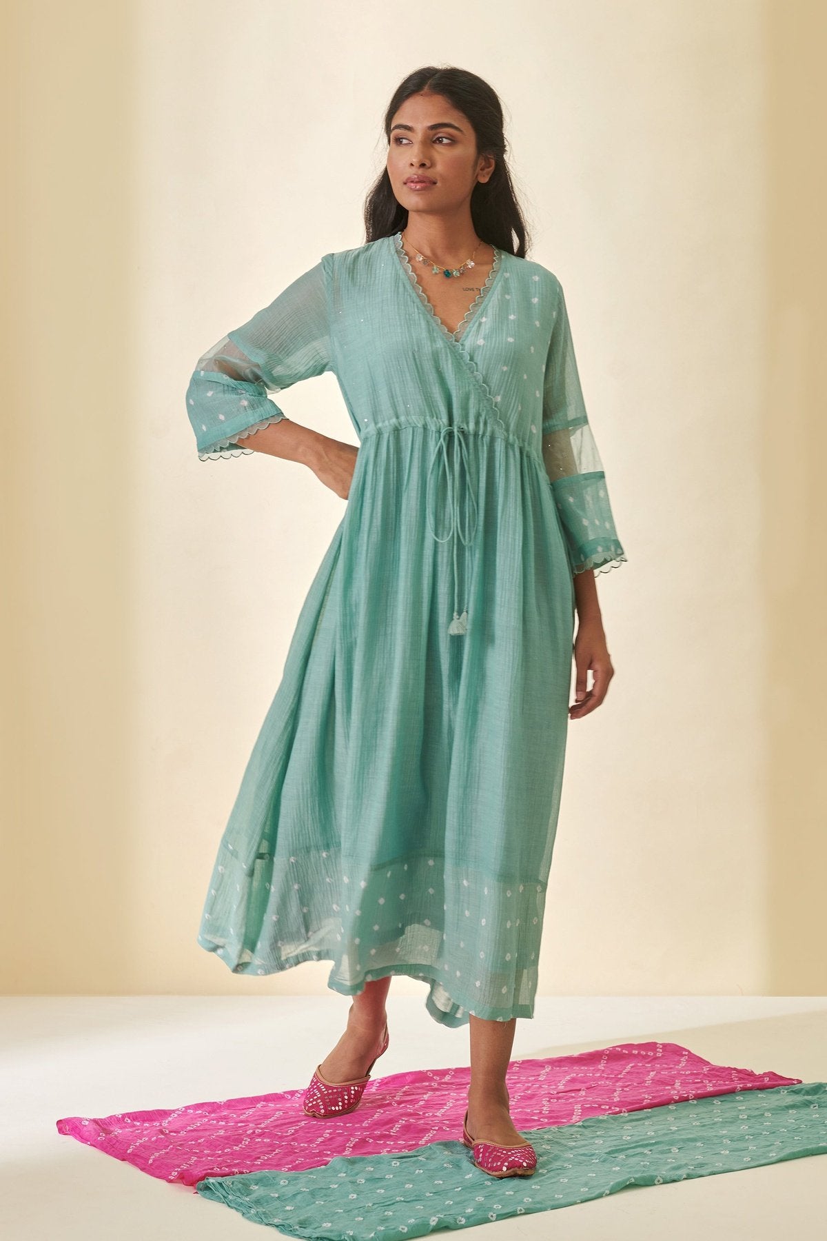 Teal Bandhani Scallop Dress