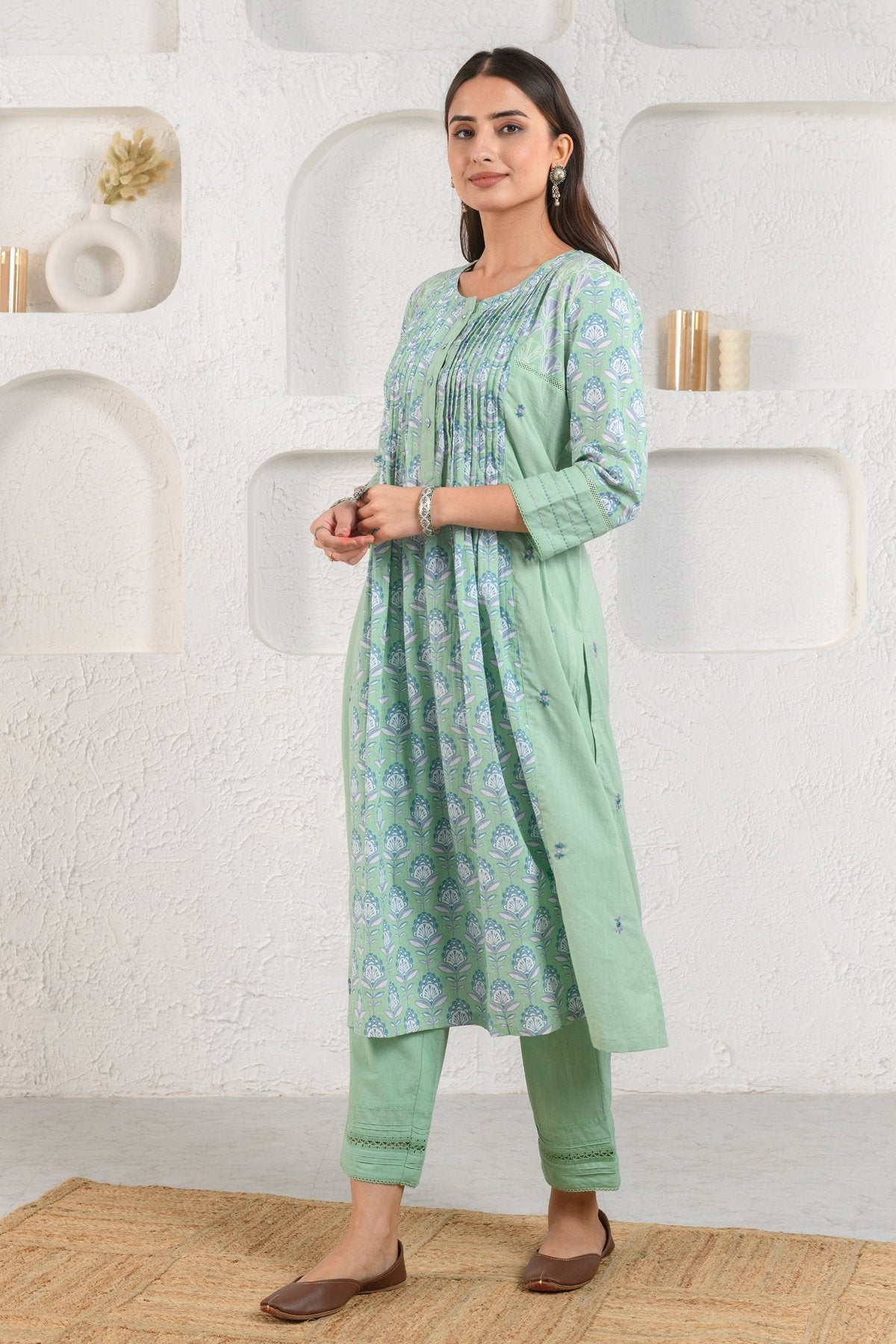 Green Embroidered Pleated Kurta