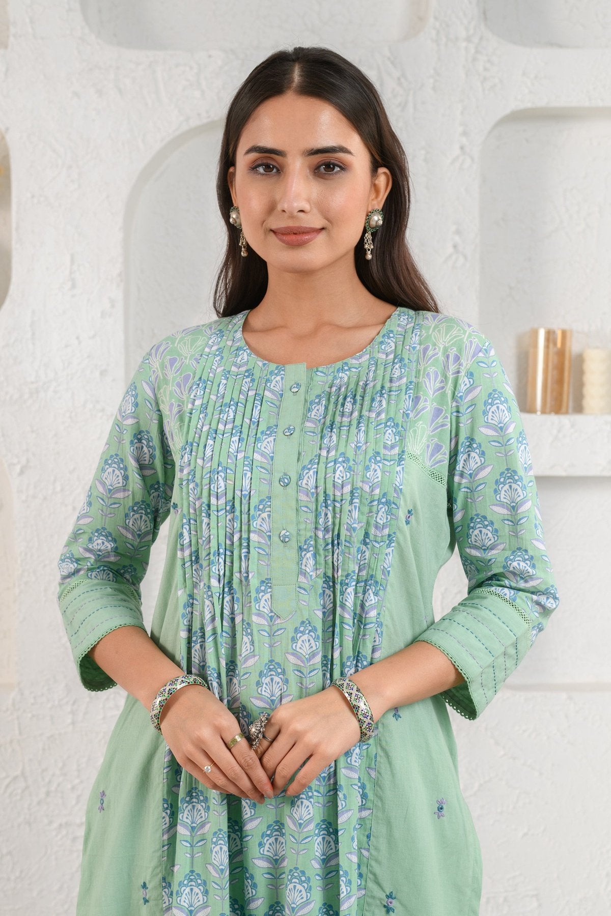 Green Embroidered Pleated Kurta