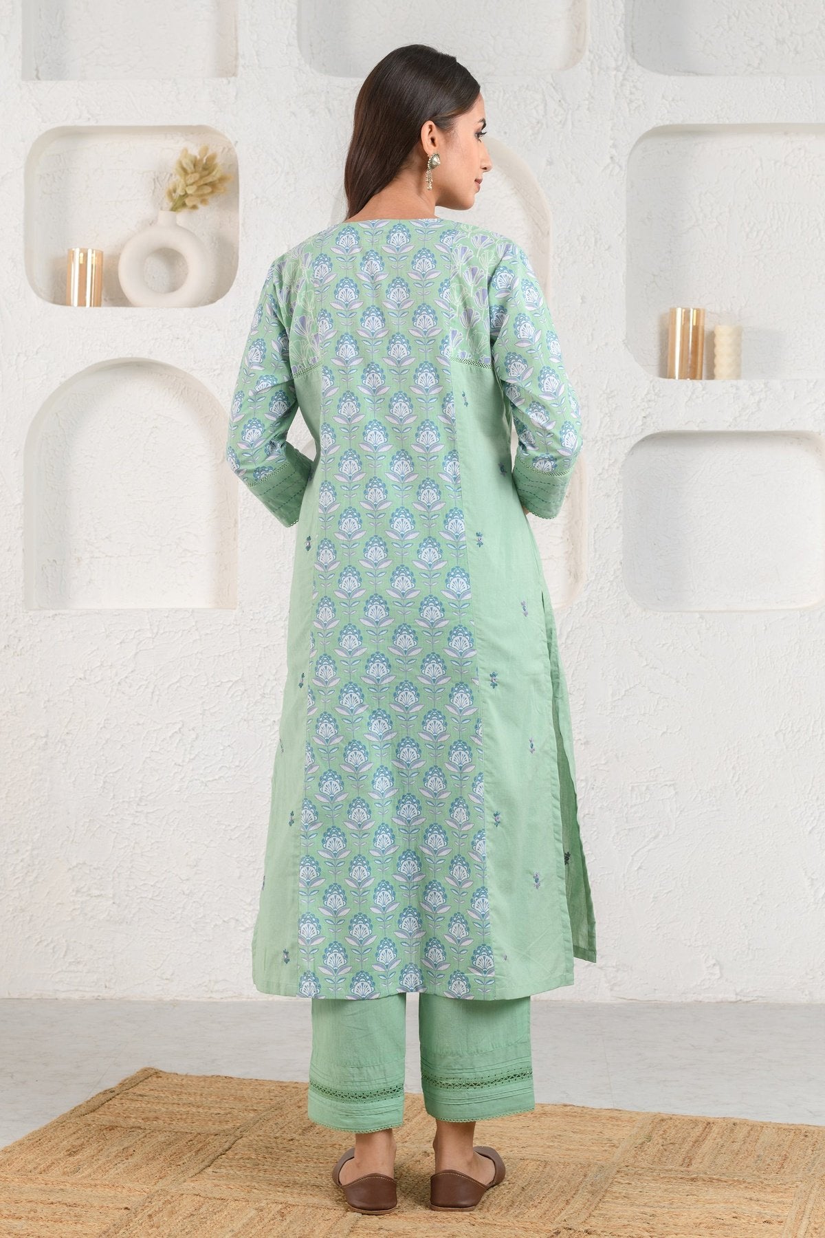 Green Embroidered Pleated Kurta