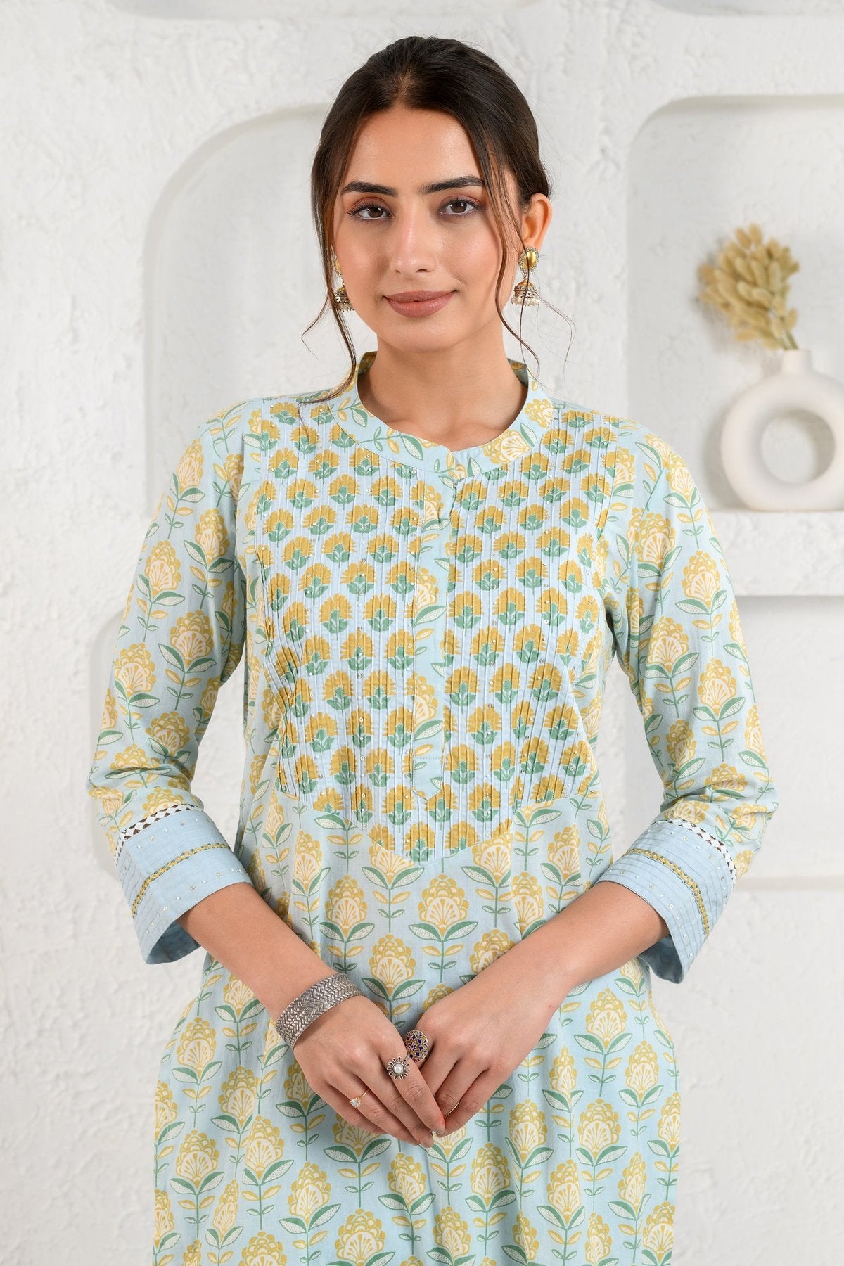 Blue Pintucked Yoke Kurta