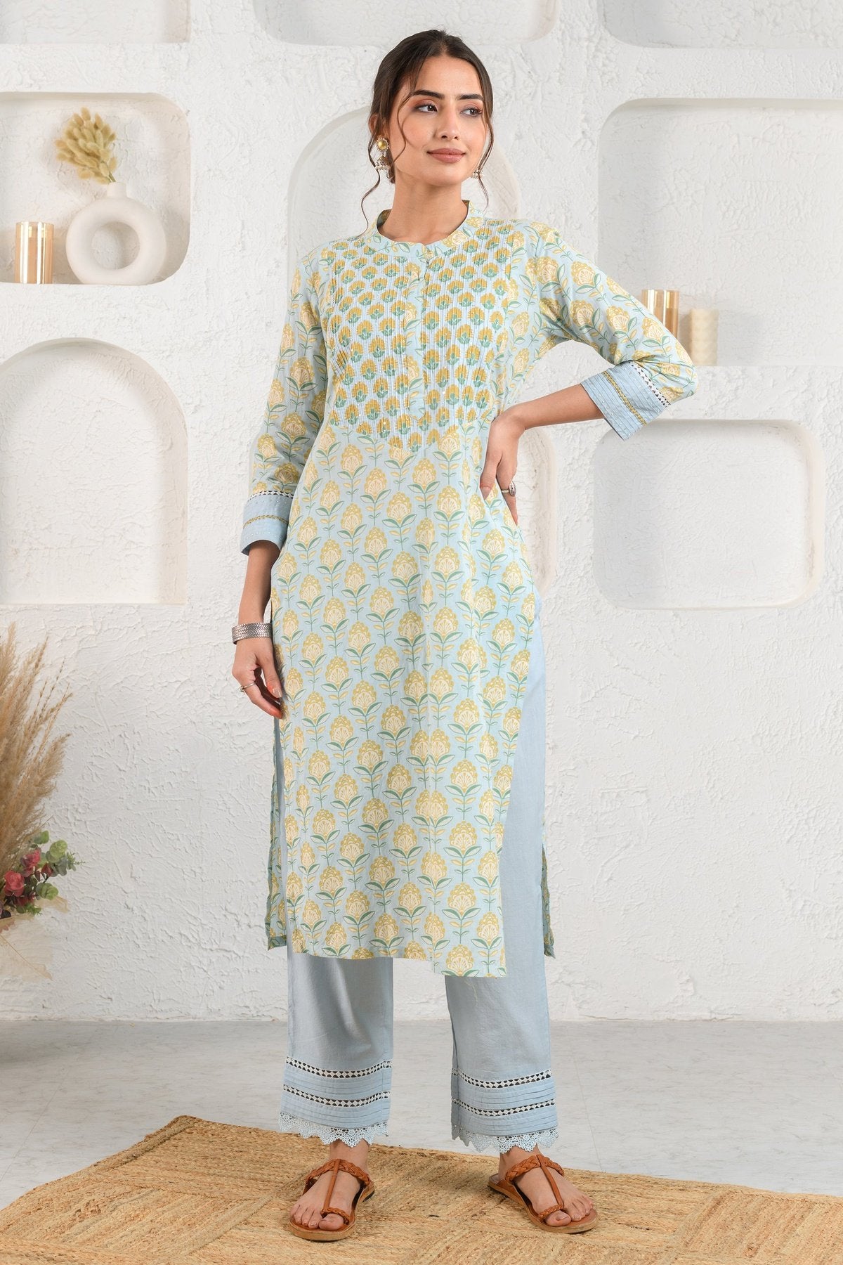 Blue Pintucked Yoke Kurta