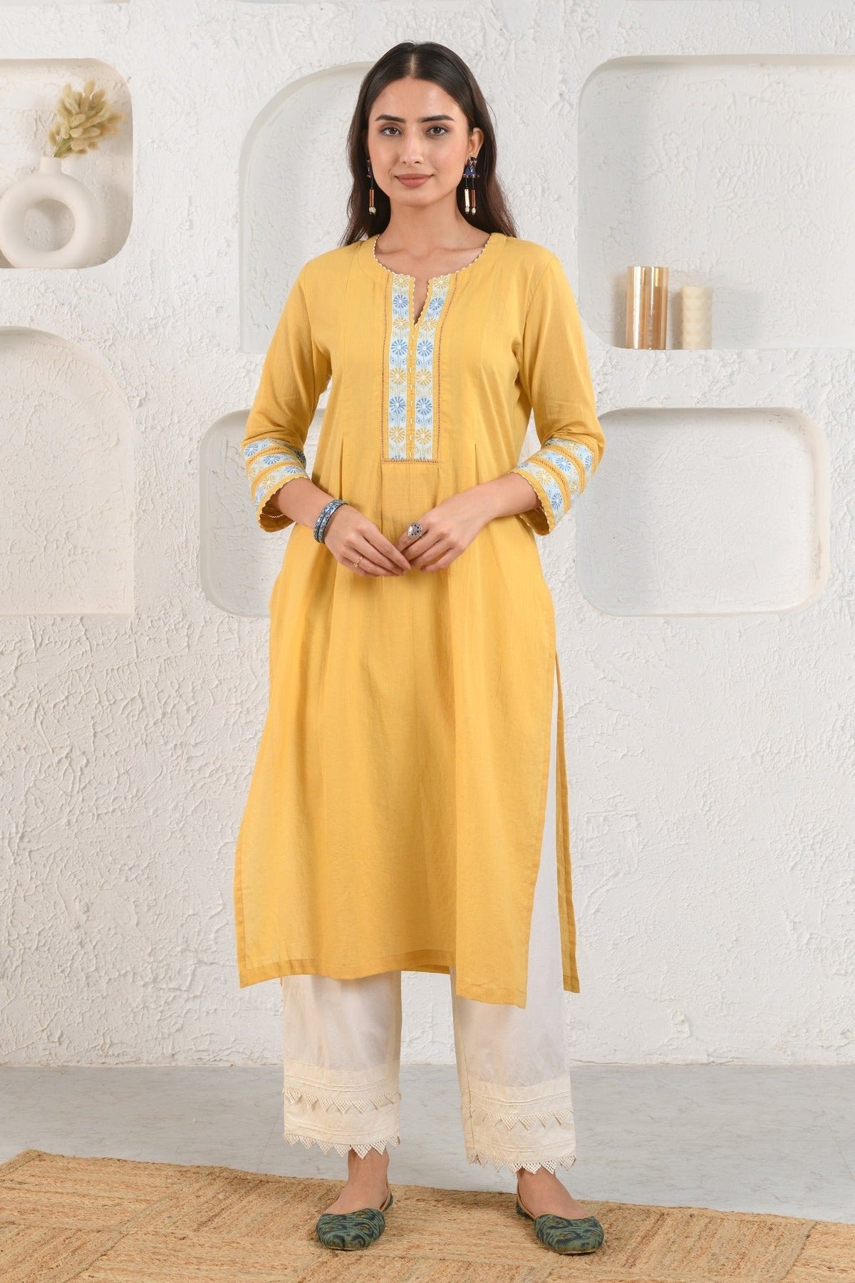 Yellow Embroidered Dobby Kurta