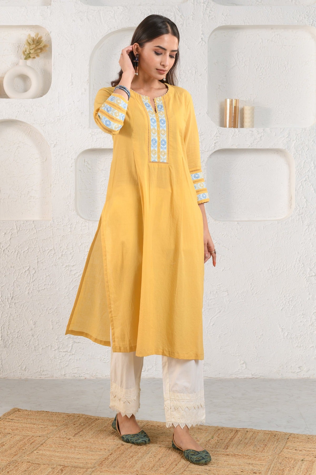 Yellow Embroidered Dobby Kurta