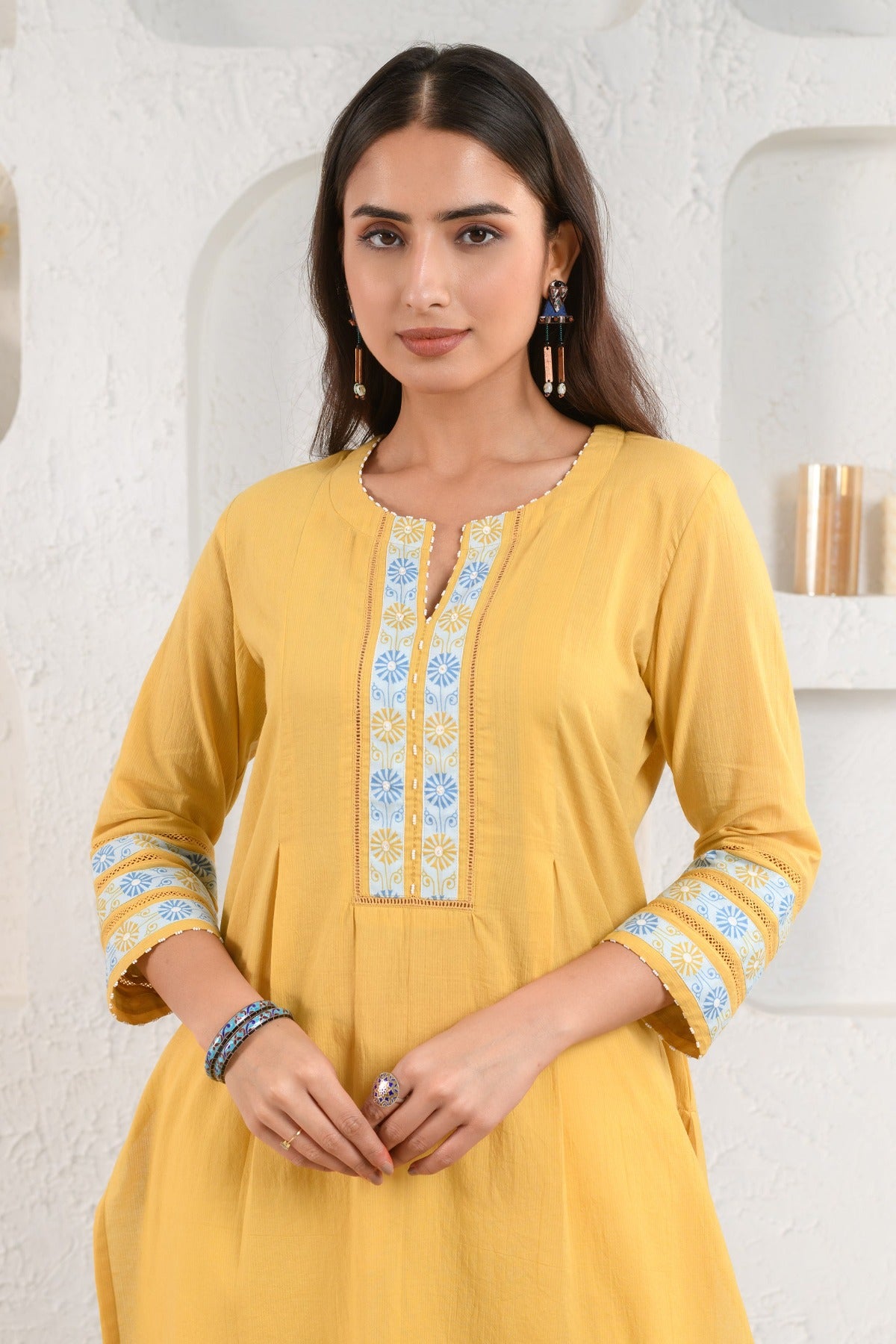 Yellow Embroidered Dobby Kurta