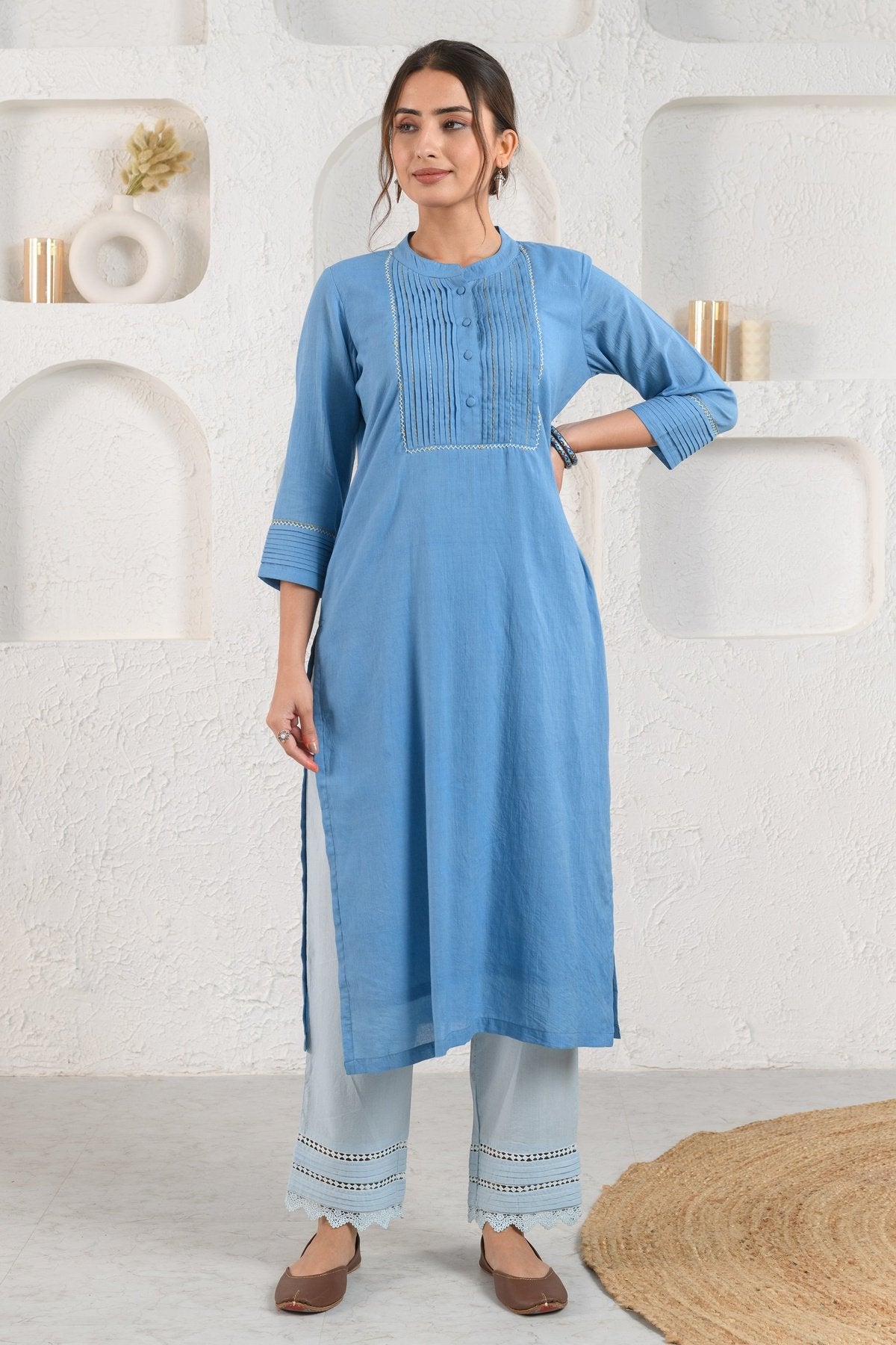 Blue Pleated Dobby Kurta