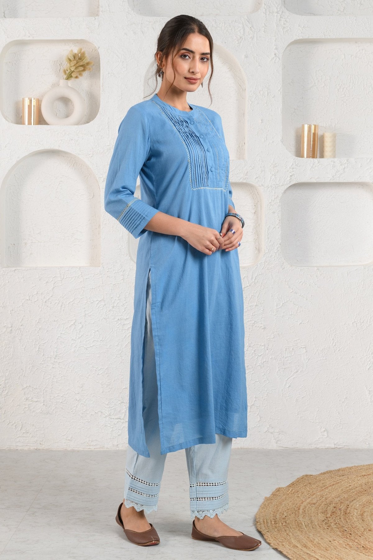 Blue Pleated Dobby Kurta