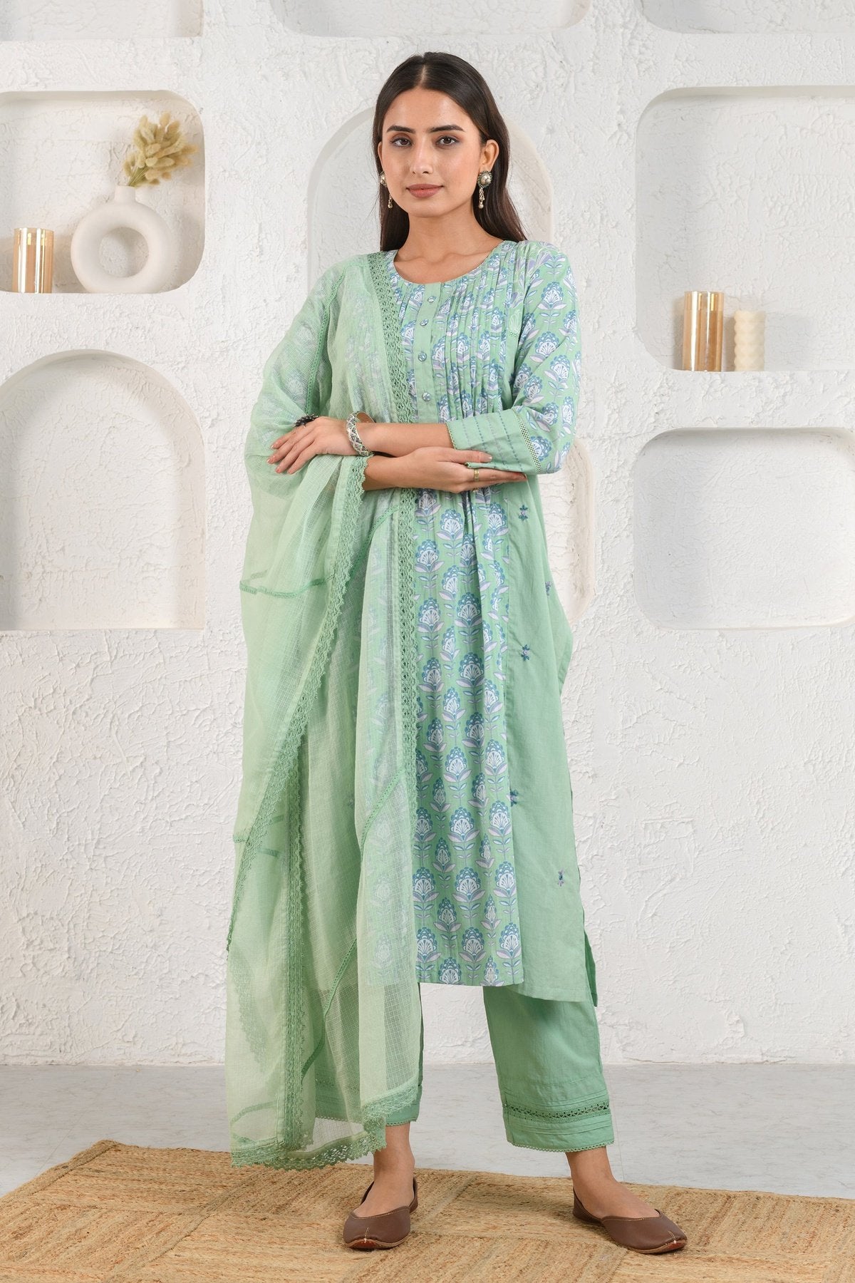 Green Embroidered Pleated Suit Set