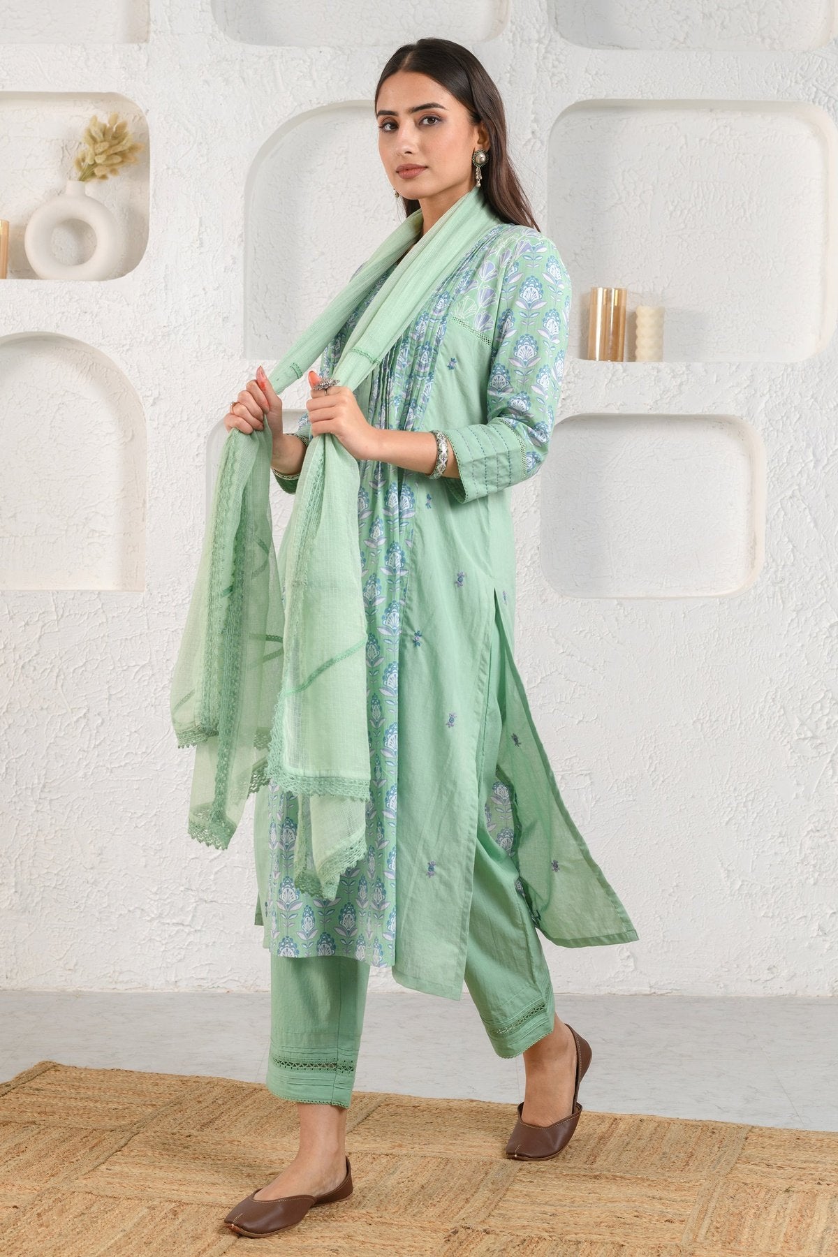 Green Embroidered Pleated Suit Set