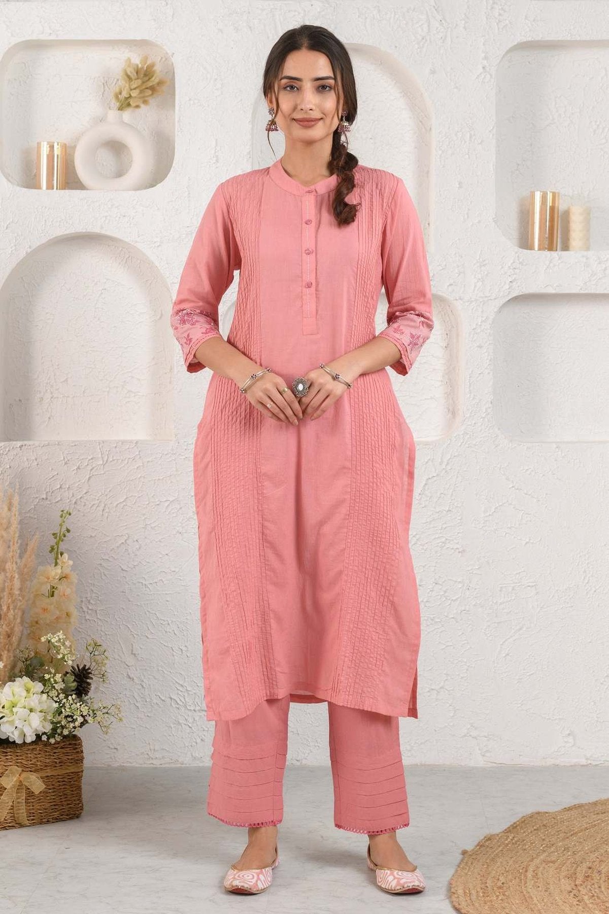 Peach Pintucked Dobby Suit Set With Slip