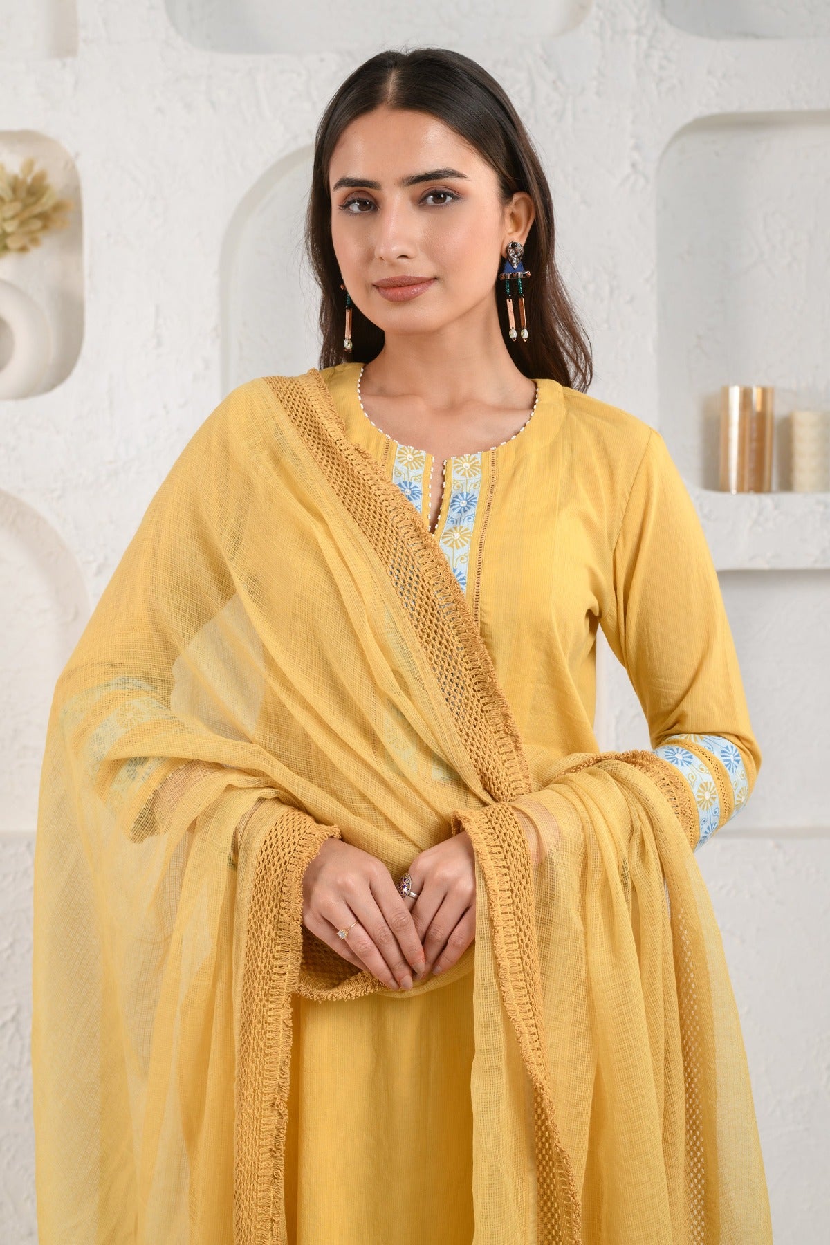Yellow Embroidered Dobby Suit Set With Slip