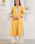 Yellow Embroidered Dobby Suit Set With Slip