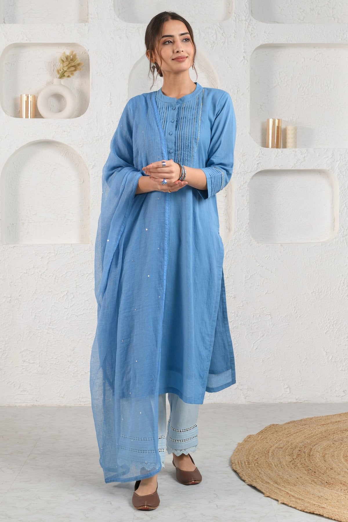 Blue Pleated Dobby Suit Set With Slip