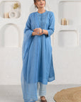 Blue Pleated Dobby Suit Set With Slip