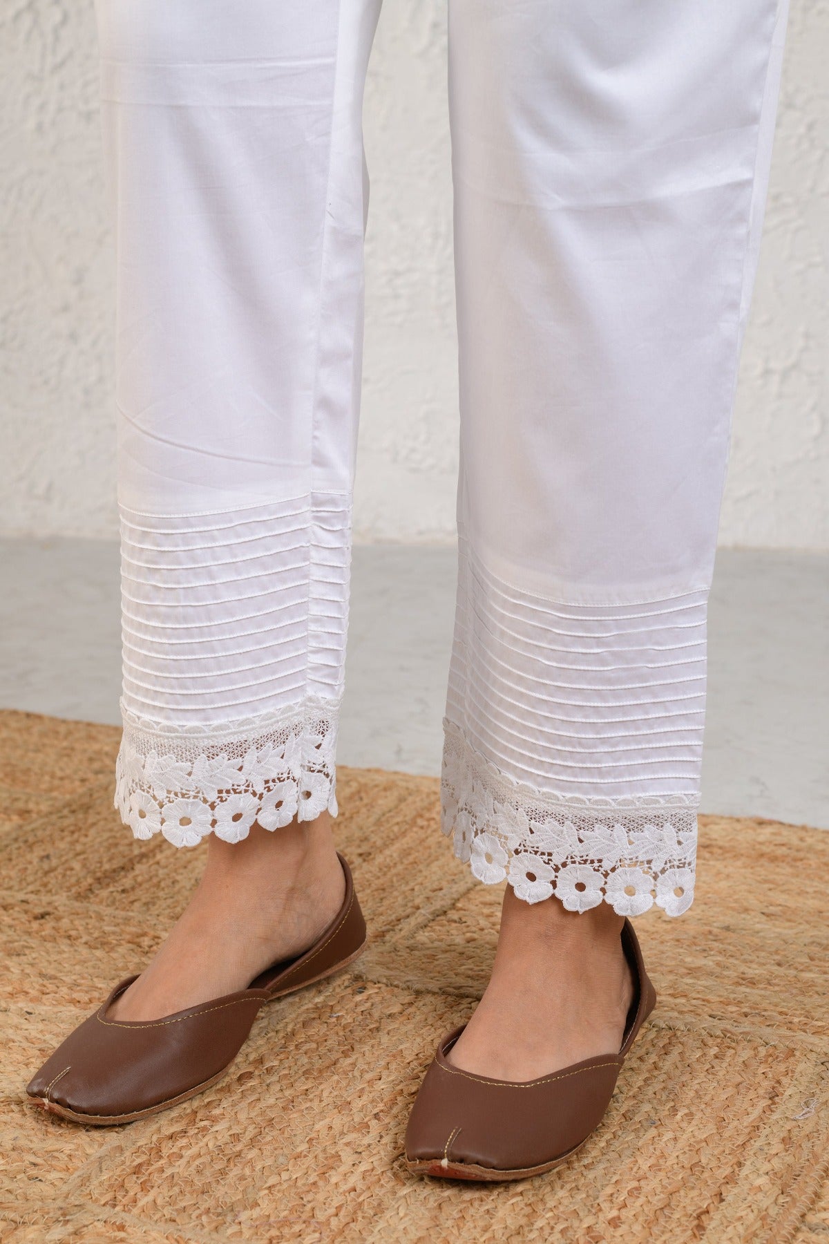 White Pintucked Lace Pants