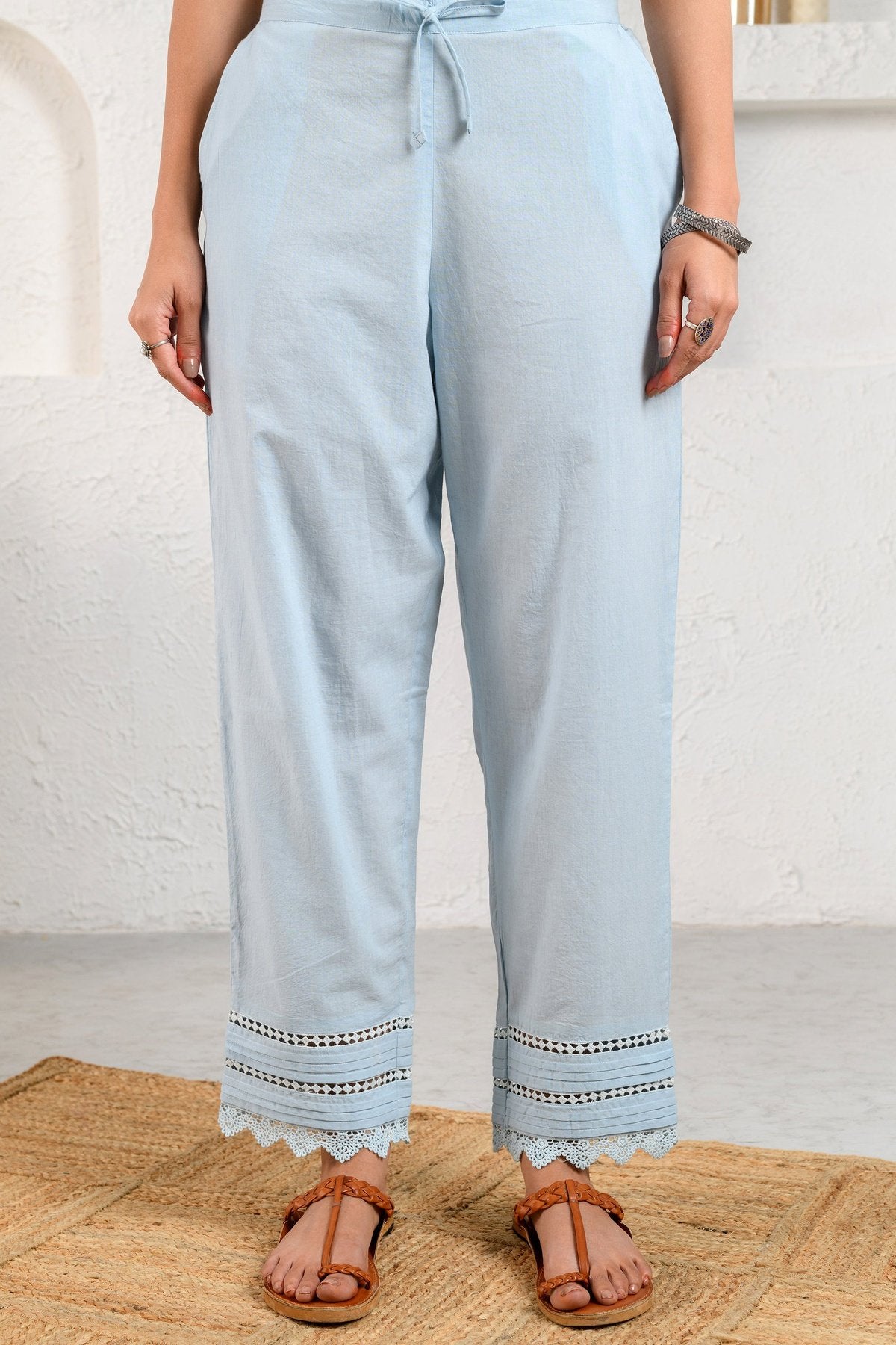 Blue Pintucked Lace Pants