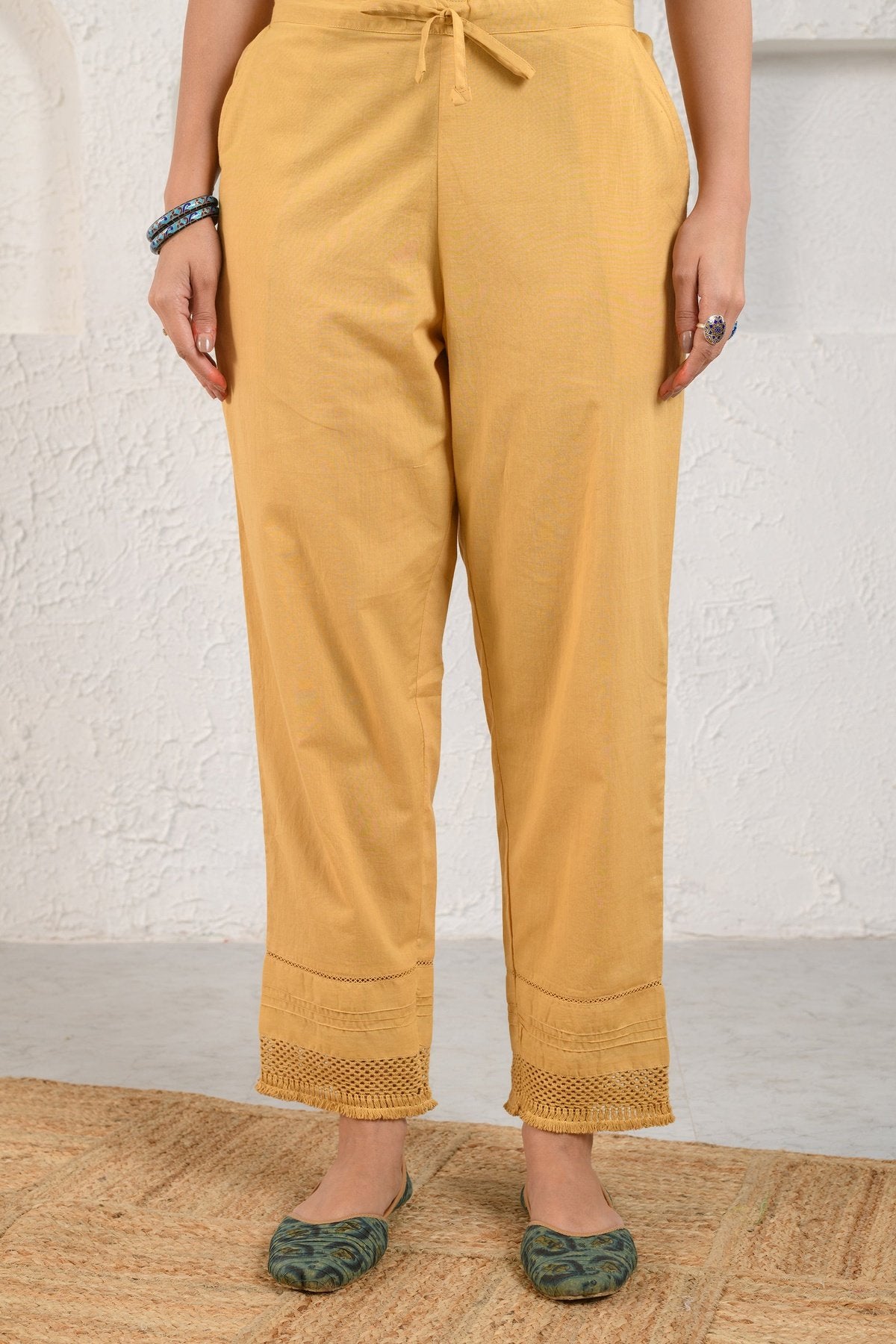 Mustard Pintucked Lace Pants