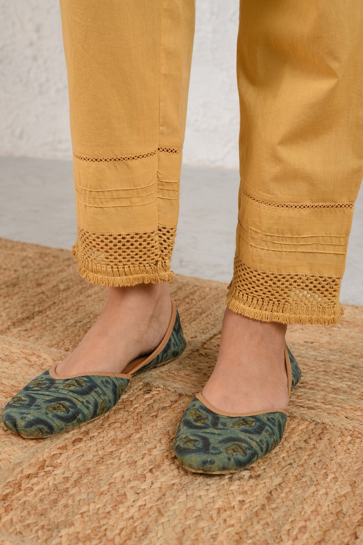 Mustard Pintucked Lace Pants