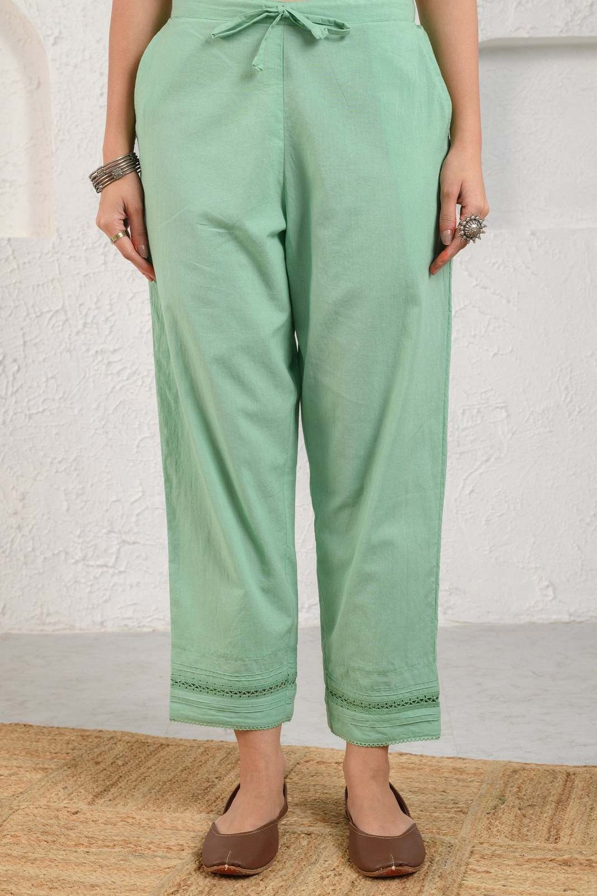 Green Pleated Lace Pants