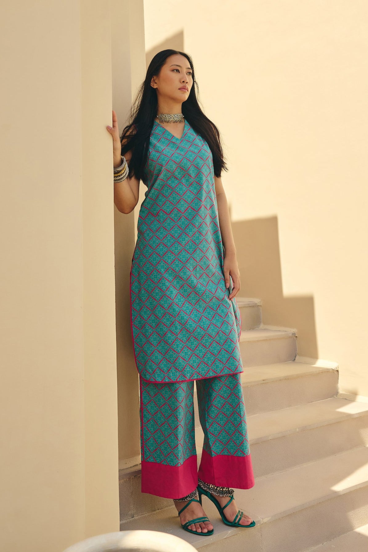 Red Green Geometric Kurta Set
